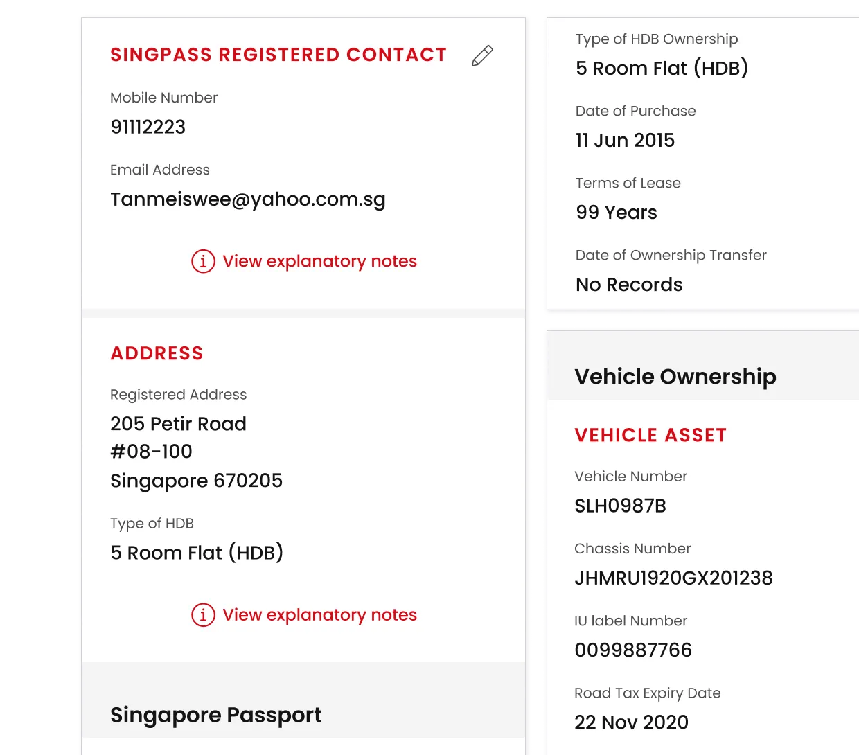 Mockups of the Profile page in Singpass app, including Family, HDB and Income details